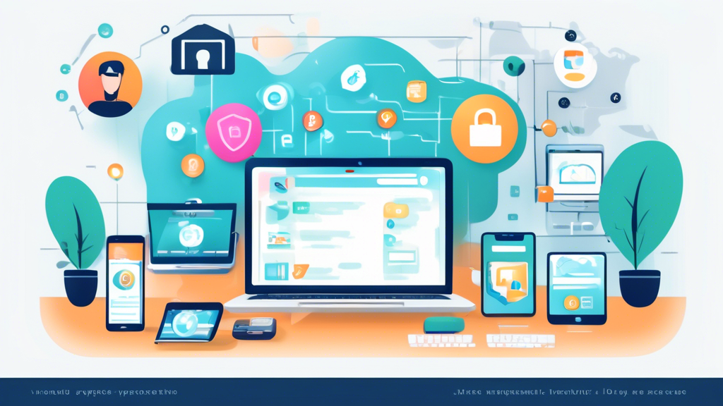 Create a digital illustration that showcases a variety of internet privacy tools in use on a laptop and smartphone screen. Include icons and symbols representing VPNs, encryption, secure browsers, password managers, and two-factor authentication. The setting should be a comfortable home office with a person using their devices, appearing secure and confident. The atmosphere should be modern with a slight tech-savvy aesthetic.