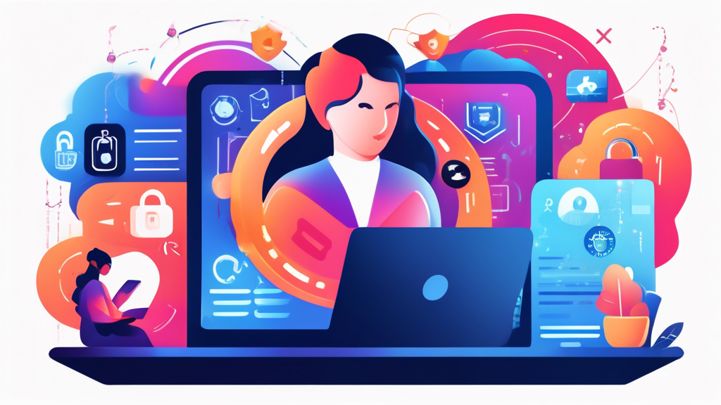 Create a digital illustration featuring a person using a laptop and smartphone, surrounded by icons representing various online privacy protection strategies. Include elements like a shield, a padlock, encrypted messages, VPN symbols, two-factor authentication, firewall, and a secure password. The background should be a gradient blending from a dark, cyber-themed color to a lighter, more secure and safe tone, emphasizing the transition to better privacy.