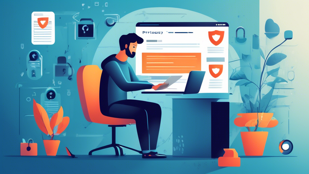 Create a detailed illustration of a person comfortably sitting at a desk, reading a digital privacy notice on their laptop. The scene should include secure icons like a lock, checkmarks, and shield symbols in the background, representing online security. The atmosphere should be informative and friendly, with a clean and modern design, emphasizing the importance of online privacy and data protection.