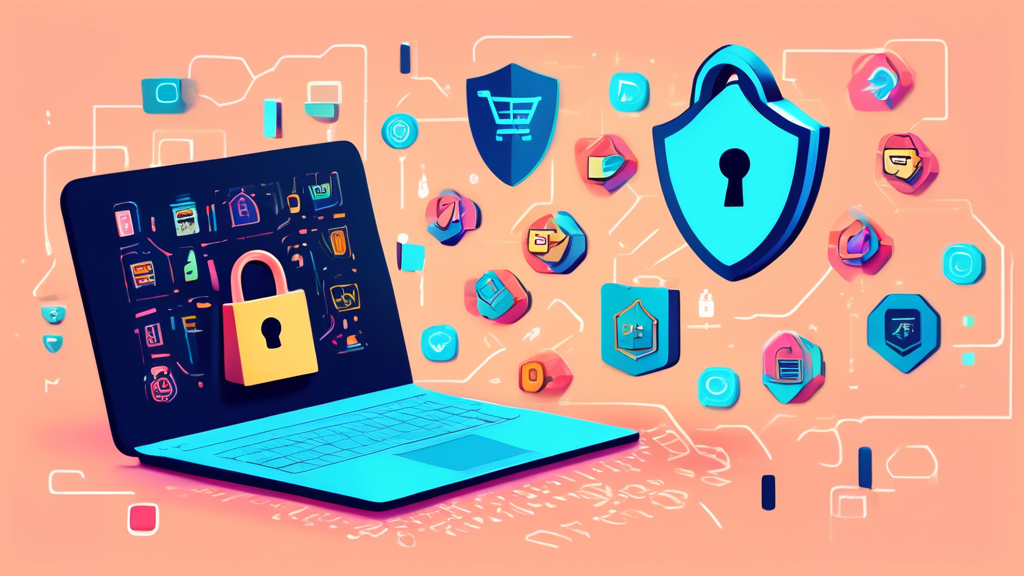 Create an image of a person shopping online on a laptop, with icons of privacy policy elements such as a lock, shield, and checklist surrounding the screen. The background should include subtle patterns of binary code to symbolize digital information, emphasizing security and data privacy in online shopping.