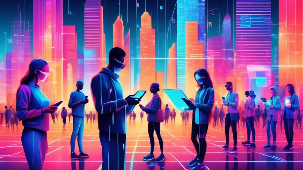 Create an image of a diverse group of people using their smartphones and laptops, each featuring a holographic virtual privacy card emanating a protective shield around their devices. The background includes a futuristic cityscape with subtle digital matrix patterns overlaying the scene to signify data protection and online security.