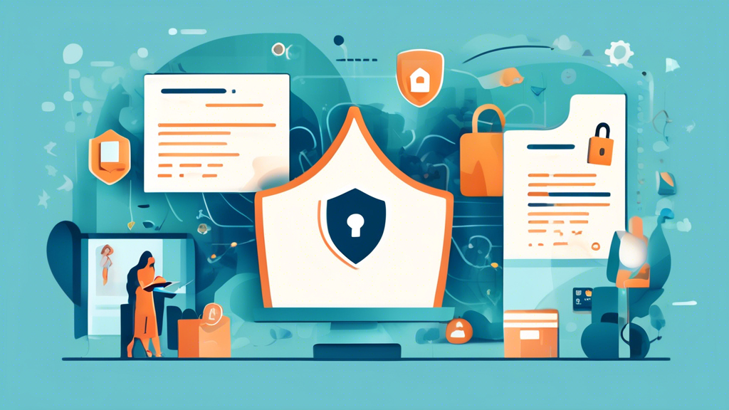 Create an illustration that represents the key elements of a standard online privacy policy. The scene should feature a user-friendly website interface with icons symbolizing data privacy measures, such as a shield for protection, a checkmark for consent, a lock for security, and documents for transparency. The background can depict a serene and professional digital environment, emphasizing trust and compliance.