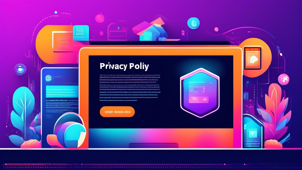 Create an illustration of a professional website homepage featuring a clear and visually appealing 'Privacy Policy' section. The section should include icons or elements representing online security, user privacy, and data protection, with a background of a modern and sleek website interface. The overall design should convey trust and transparency.