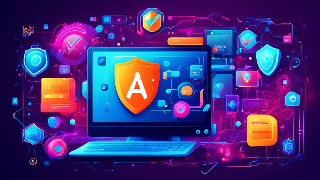 Create an image of a futuristic computer screen displaying a web browser with vibrant security icons, shields, and checkmarks, symbolizing protection. The background should feature elements of cyber space, like data streams and matrix code. Include an Avast logo on the corner of the screen to represent the Avast Online Security and Privacy Extension in action.