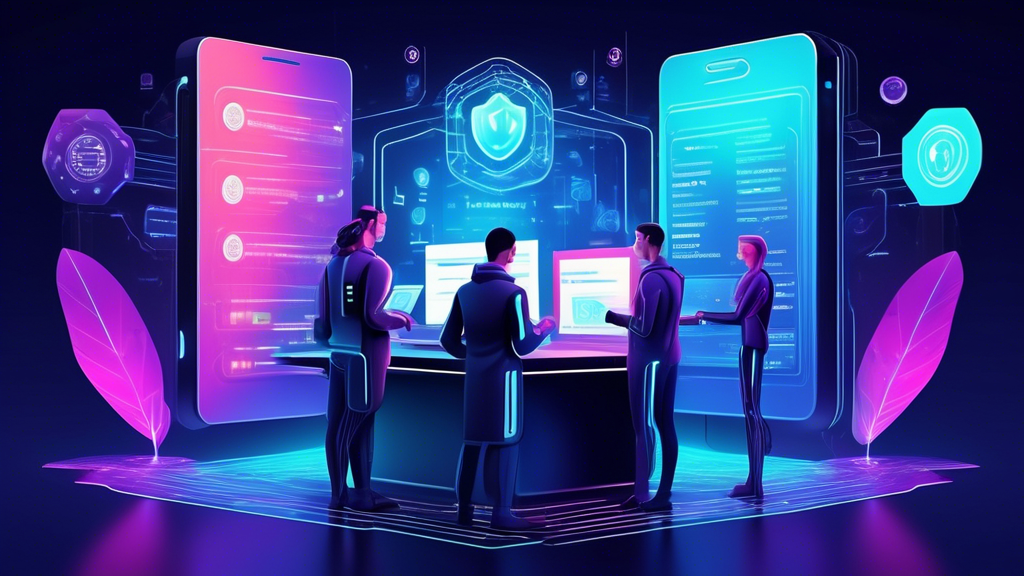 Create a detailed illustration of a futuristic online transaction scene where digital privacy is prominently protected. The image should showcase secure, encrypted data streams, anonymized user avatars, and multiple layers of digital shields with locks around financial information. Incorporate a modern, sleek interface with a holographic display, emphasizing security and privacy in a digital environment.