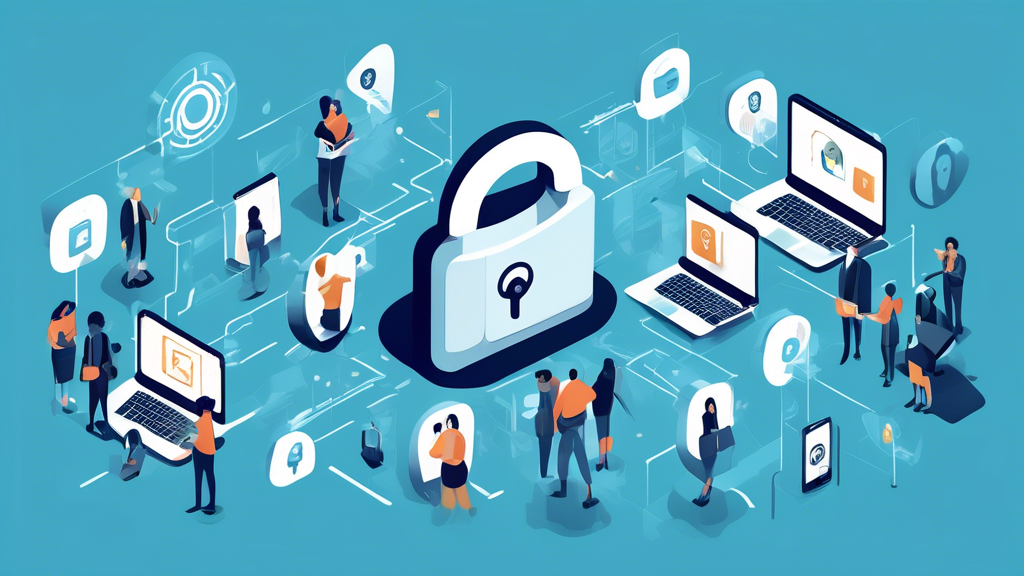 Create an image showing a secure digital environment: a diverse group of people using various online services on different devices. Surround them with abstract representations of strong encryption, like digital locks and shields. Integrate elements of cybersecurity, such as firewalls and two-factor authentication icons. The overall tone should communicate trust, safety, and the protection of personal data in a modern, connected world.