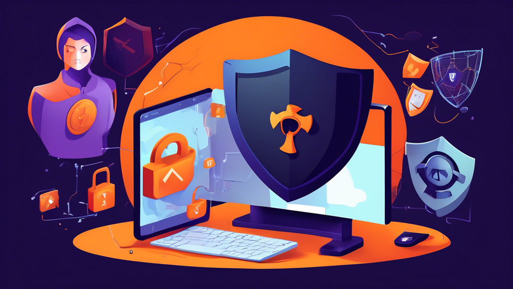 Create a digital illustration that portrays Avast Online Security as a trusty guardian of online privacy. The image should feature a two-part scene: on the left, depict a chaotic, dangerous internet landscape with malicious actors and ominous digital threats. On the right, show a serene, secure environment protected by a shield symbol representing Avast Online Security. Integrate elements like padlocks, encrypted data symbols, and a sense of safety and trust on the protected side.