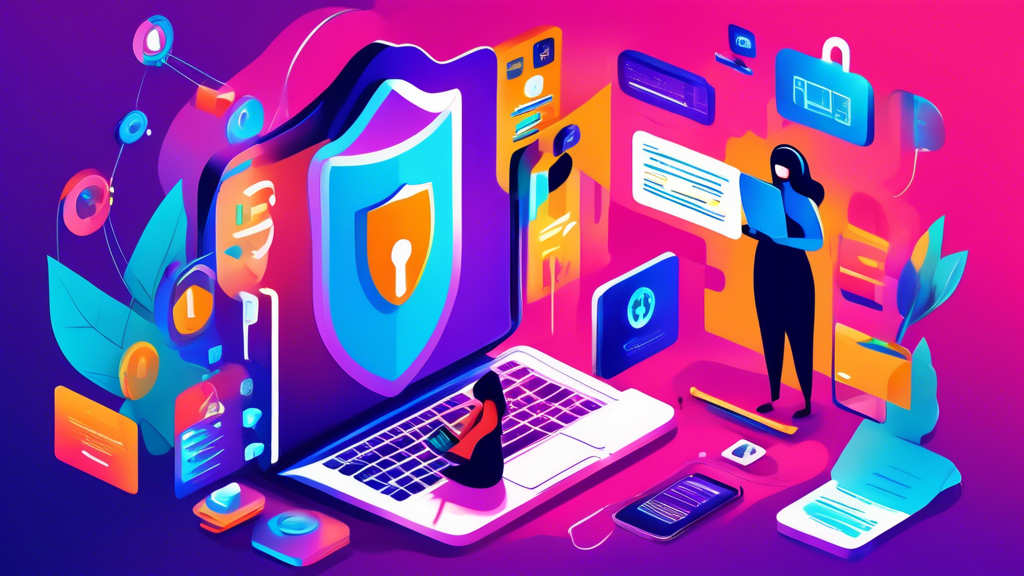 Create an illustration showing essential tips for maintaining online privacy. The image should include elements like a secure padlock, VPN shield, masked person using a laptop, browser with privacy settings, two-factor authentication app, and digital footprints being wiped away. Use a mix of vibrant colors and a modern, minimalistic design to convey the importance of safeguarding personal information on the internet.