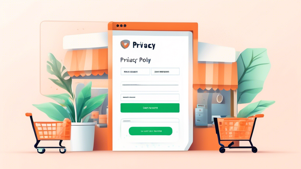 Create a detailed illustration of a modern online store interface featuring a 'Privacy Policy' popup window. The background should show a clean, professional e-commerce website with product images and a shopping cart icon. The 'Privacy Policy' popup should include text and icons representing data protection, security, and legal compliance. The overall aesthetic should be user-friendly and trustworthy, emphasizing the importance of privacy in online shopping.