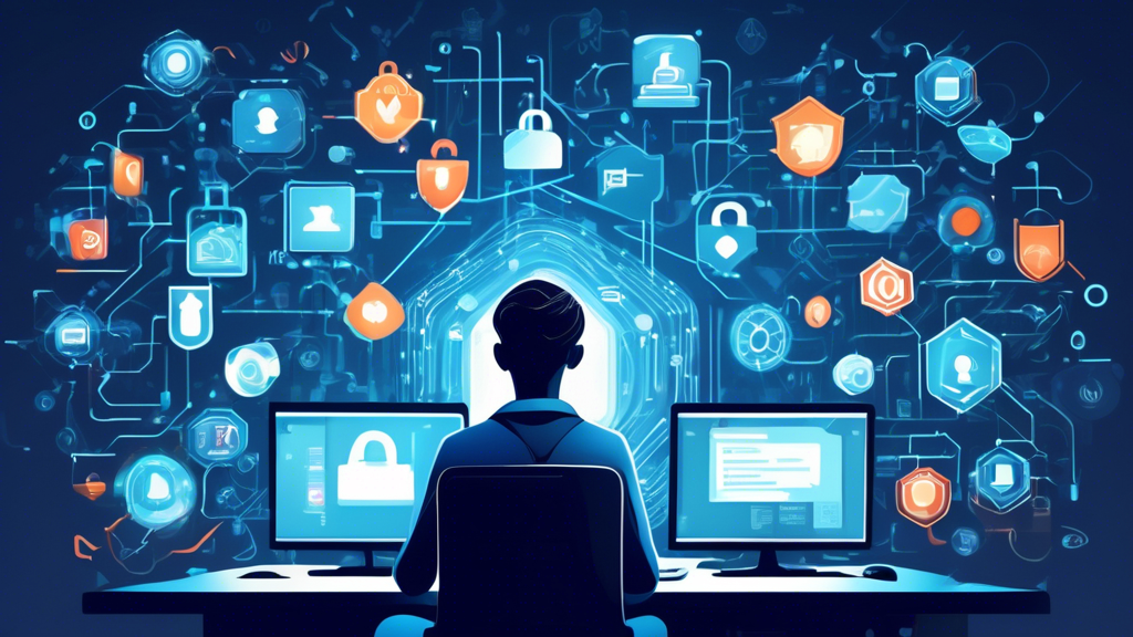 Create a detailed image of a person sitting at a computer, surrounded by virtual shields and locks, symbolizing privacy protection. The background should include icons of various online platforms, with some appearing securely locked and others being fortified by security measures like strong passwords, two-factor authentication, VPNs, and antivirus software. Include visual elements like encrypted email symbols, secure cloud storage, and privacy settings illustrations. Use a calm and reassuring color palette to emphasize safety and security.