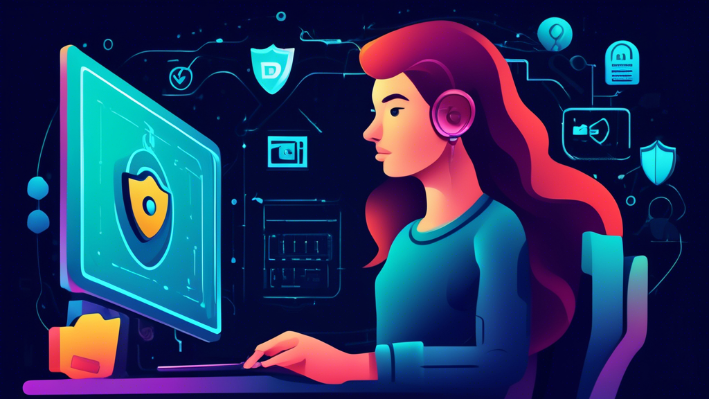 Prompt for DALL-E: Create an image of a person sitting at a computer, surrounded by symbols of privacy and protection such as a digital lock, shield, and encrypted data lines. The background includes elements like a VPN logo, password manager symbols, and icons of antivirus software. The overall tone should be modern and reassuring, emphasizing security and peace of mind in the digital space.