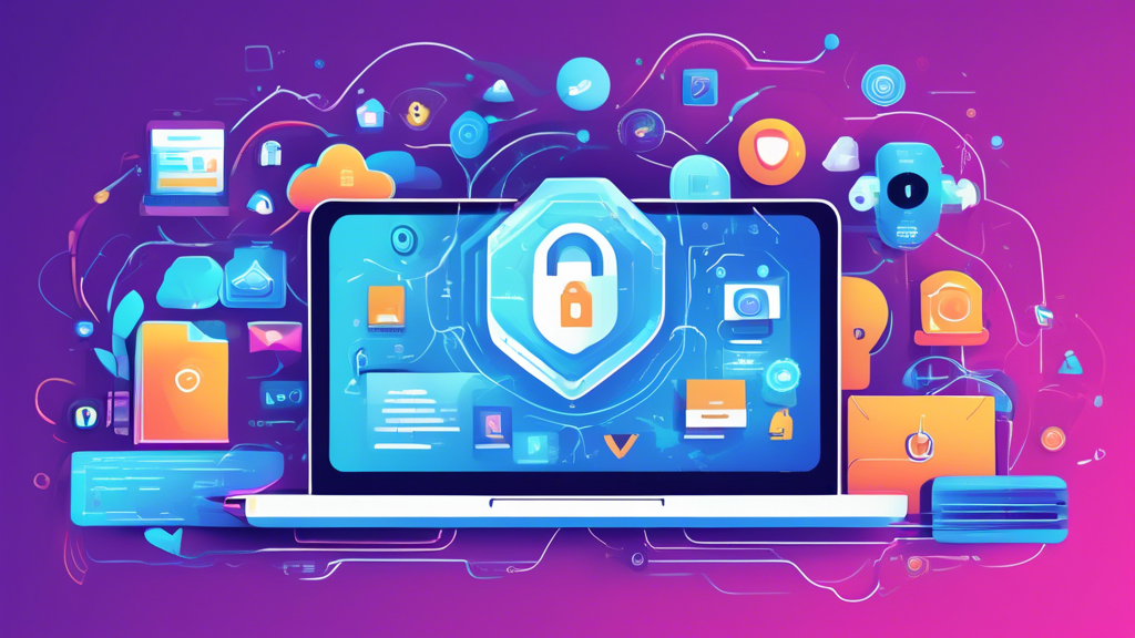 Create an illustration featuring a modern laptop surrounded by icons representing the top online privacy tools of 2023. Include visual elements like a VPN shield, a lock for password managers, a ghost for anti-tracking software, a magnifying glass with a line through it for privacy search engines, and an email envelope with a padlock for secure email services. The background should be a futuristic, digital landscape with binary code and security symbols to emphasize the theme of online privacy.