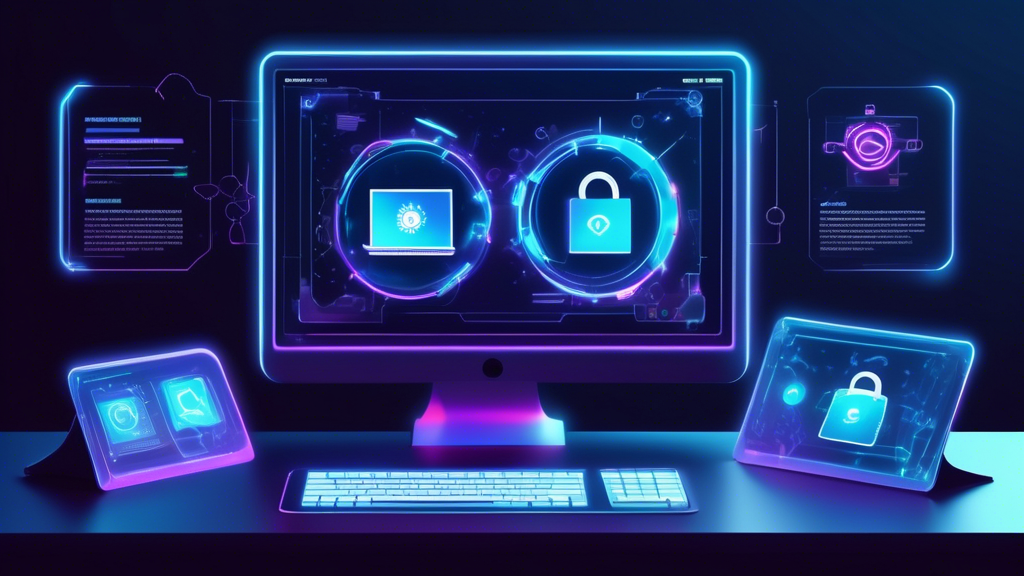 Create an image depicting a sleek modern computer screen displaying icons of various private web browsers (like Tor, Brave, and DuckDuckGo) with a futuristic interface. Surrounding the monitor are holographic shields and padlocks symbolizing security and privacy. The background should feature a sophisticated office setting with subdued lighting to emphasize a professional atmosphere. A text overlay at the top reads Enhance Your Privacy in 2023.