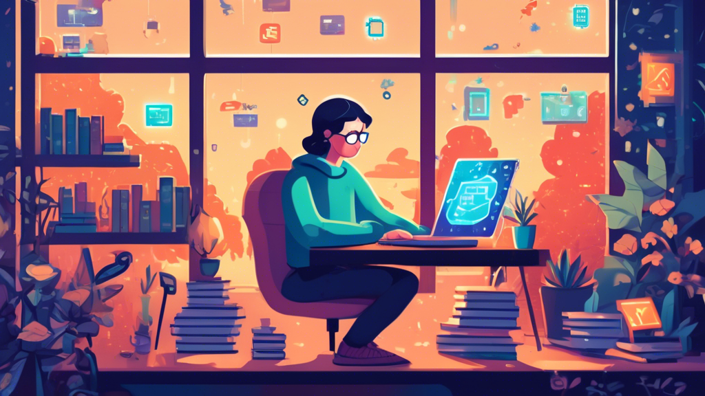 An illustration of a person using a laptop in a cozy home office, surrounded by floating symbols of online privacy such as padlocks, shields, and encrypted codes. The background features a window with serene nature outside, while the foreground includes a stack of books titled 'Top Strategies for Achieving the Best Online Privacy.'