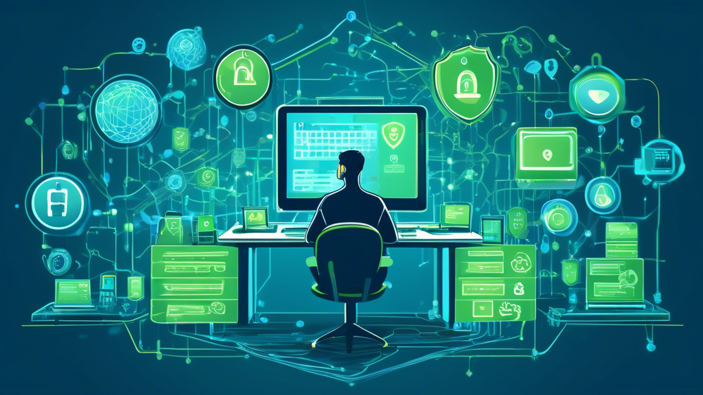 A digital illustration of a person sitting at a desk, surrounded by symbols representing internet privacy strategies: VPN shields, encrypted lock icons, antivirus software, two-factor authentication codes, and a secure browser. The background shows a network of computers and servers with secure connections symbolized by padlocks and keys. The overall color scheme is professional with shades of blue and green, representing security and safety.