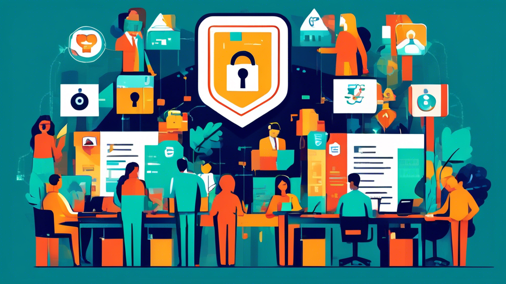 Create an illustration depicting a friendly and professional setting, where a diverse group of candidates is taking Amazon's online assessment. Surrounding the candidates are visual representations of data security icons like padlocks, shields, and privacy documents, highlighting the importance of privacy and data protection during the evaluation process.